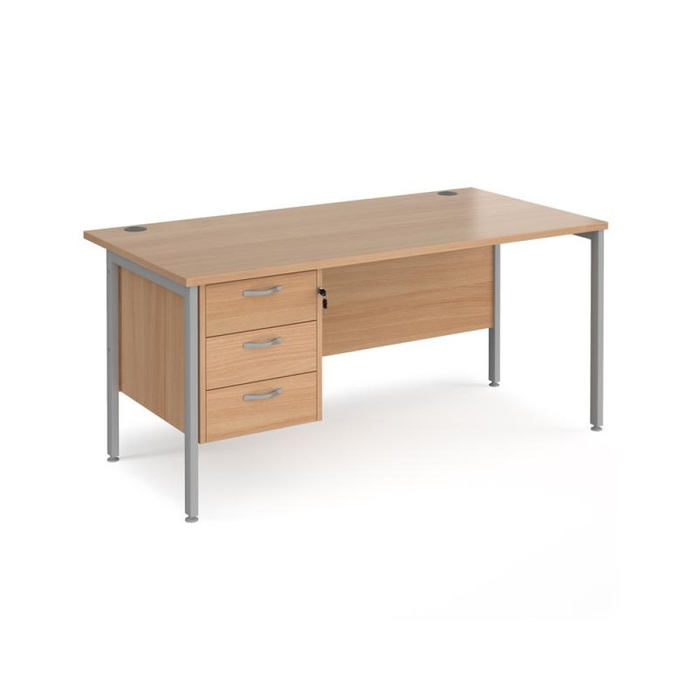Maestro 25 straight desk 1600mm x 800mm with 3 drawer pedestal - silver H-frame leg, beech top
