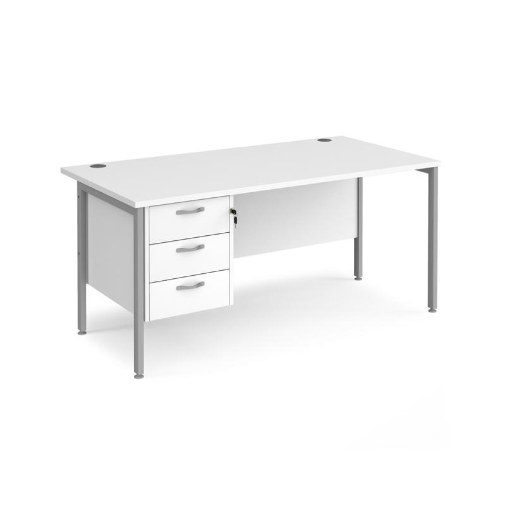 Maestro 25 straight desk 1600mm x 800mm with 3 drawer pedestal - silver H-frame leg, white top