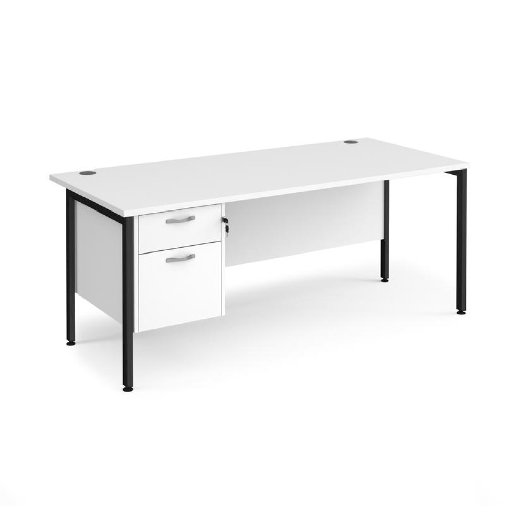 Maestro 25 straight desk 1800mm x 800mm with 2 drawer pedestal - black H-frame leg, white top