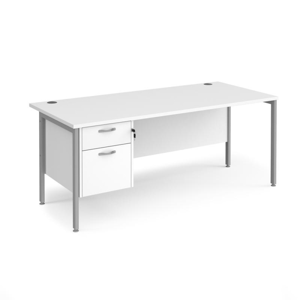 Maestro 25 straight desk 1800mm x 800mm with 2 drawer pedestal - silver H-frame leg, white top