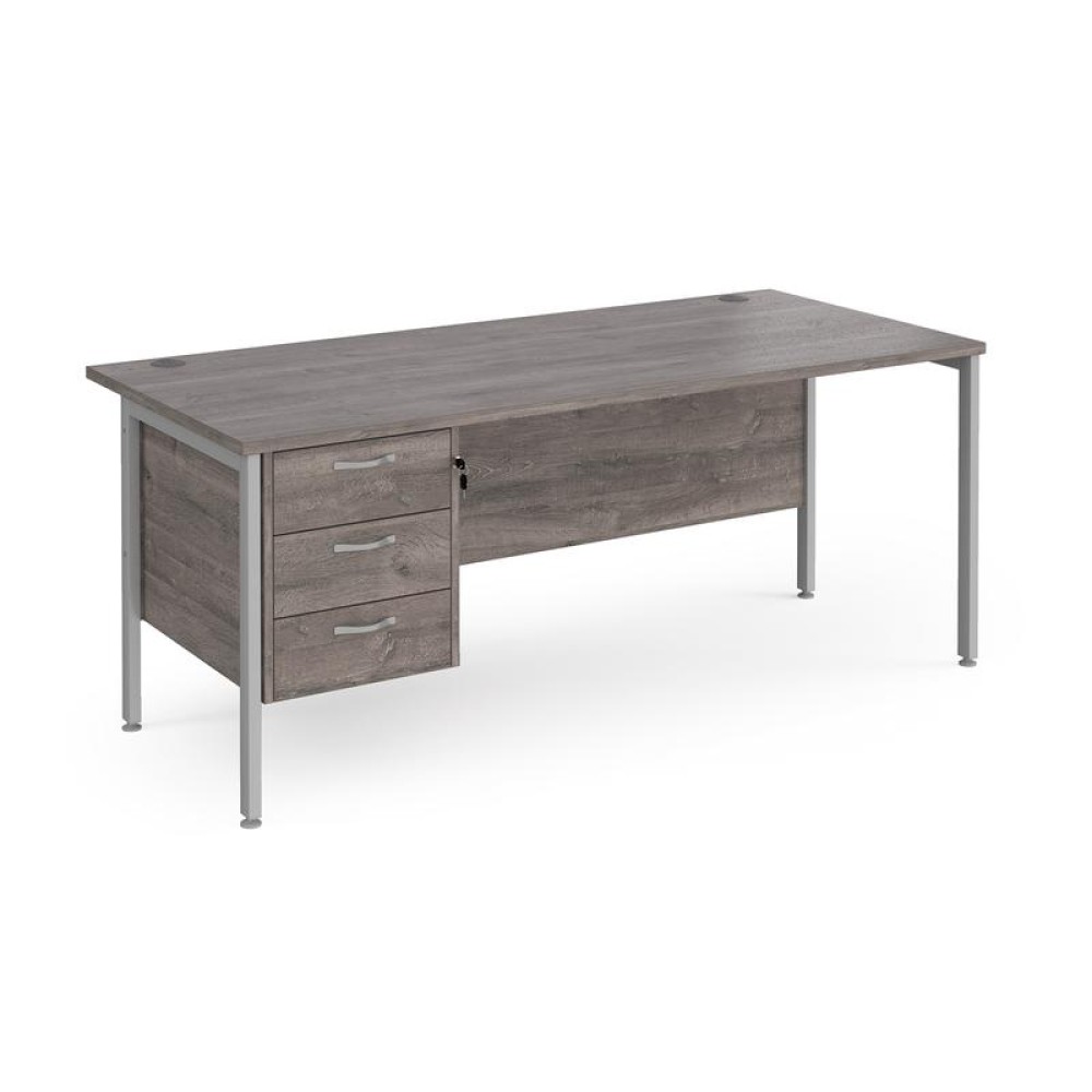 Maestro 25 straight desk 1800mm x 800mm with 3 drawer pedestal - silver H-frame leg, grey oak top
