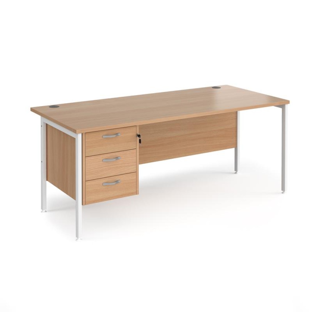 Maestro 25 straight desk 1800mm x 800mm with 3 drawer pedestal - white H-frame leg, beech top