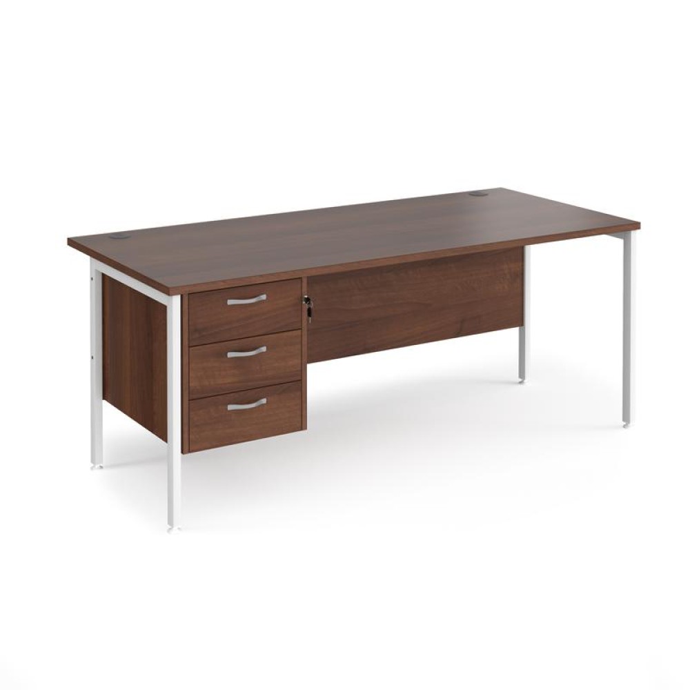 Maestro 25 straight desk 1800mm x 800mm with 3 drawer pedestal - white H-frame leg, walnut top