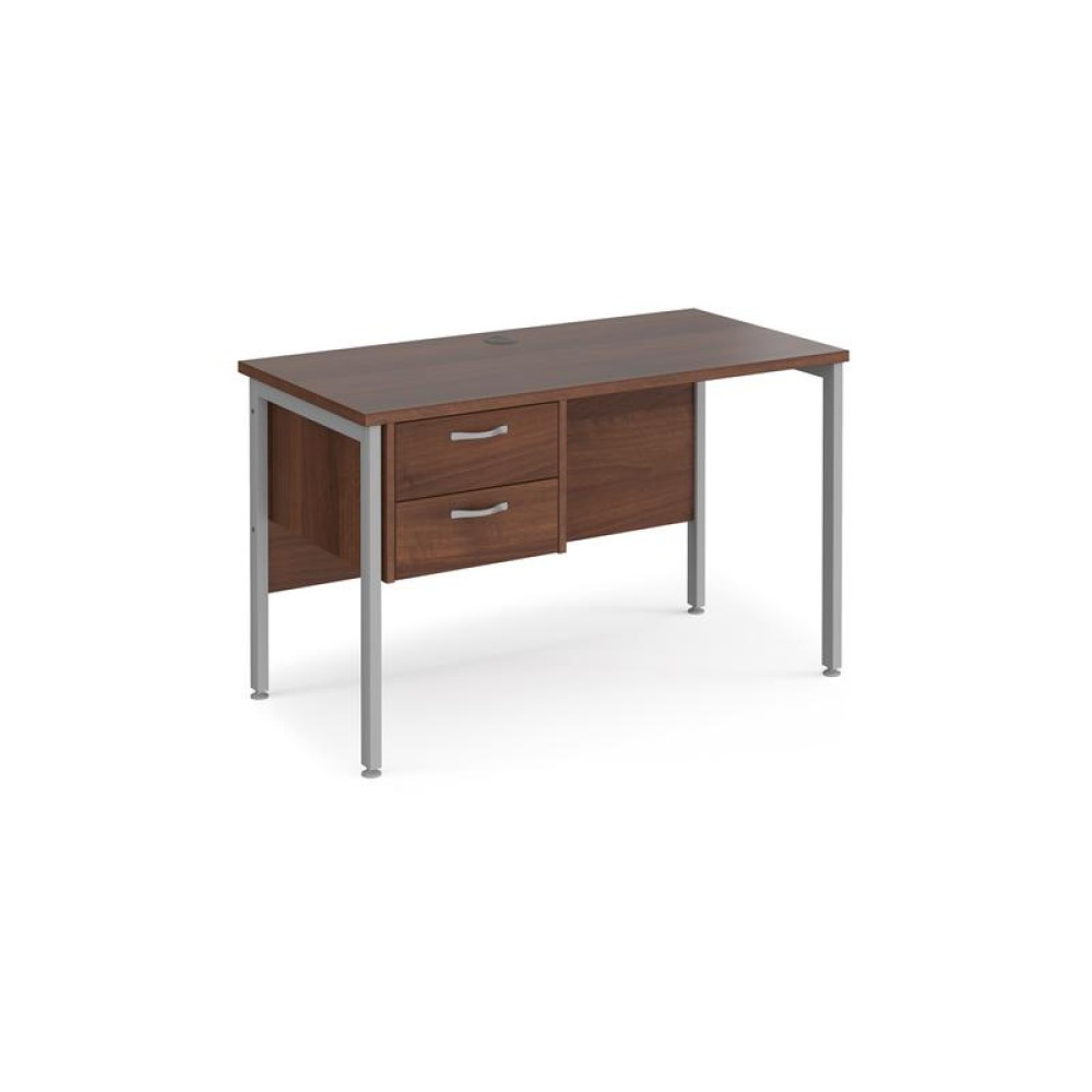 Maestro 25 straight desk 1200mm x 600mm with 2 drawer pedestal - silver H-frame leg, walnut top