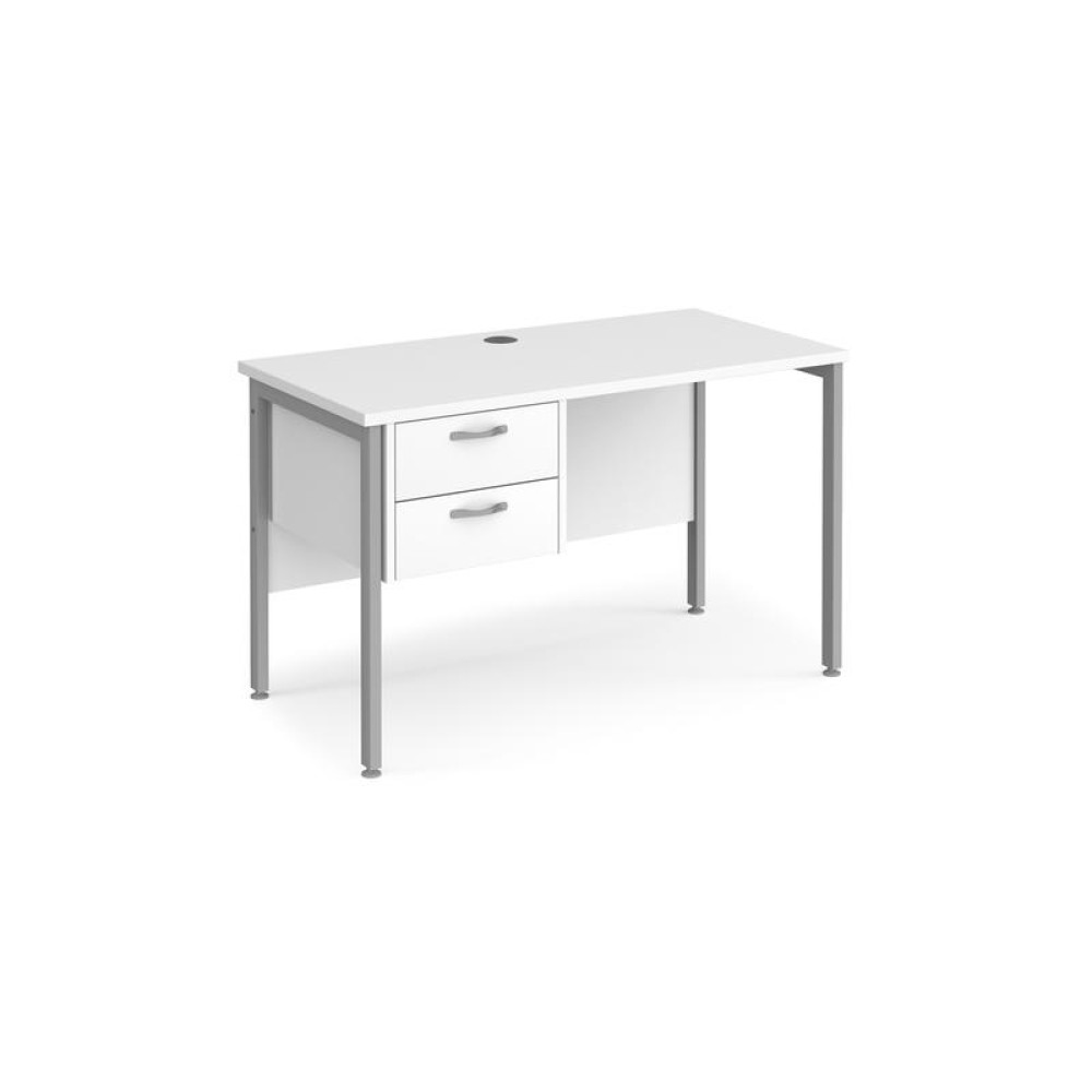 Maestro 25 straight desk 1200mm x 600mm with 2 drawer pedestal - silver H-frame leg, white top