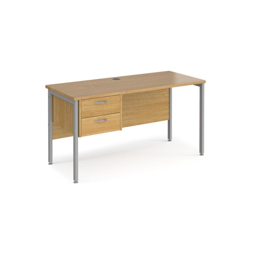 Maestro 25 straight desk 1400mm x 600mm with 2 drawer pedestal - silver H-frame leg, oak top
