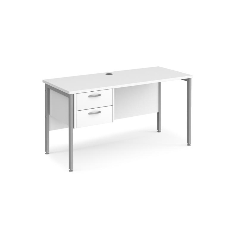 Maestro 25 straight desk 1400mm x 600mm with 2 drawer pedestal - silver H-frame leg, white top