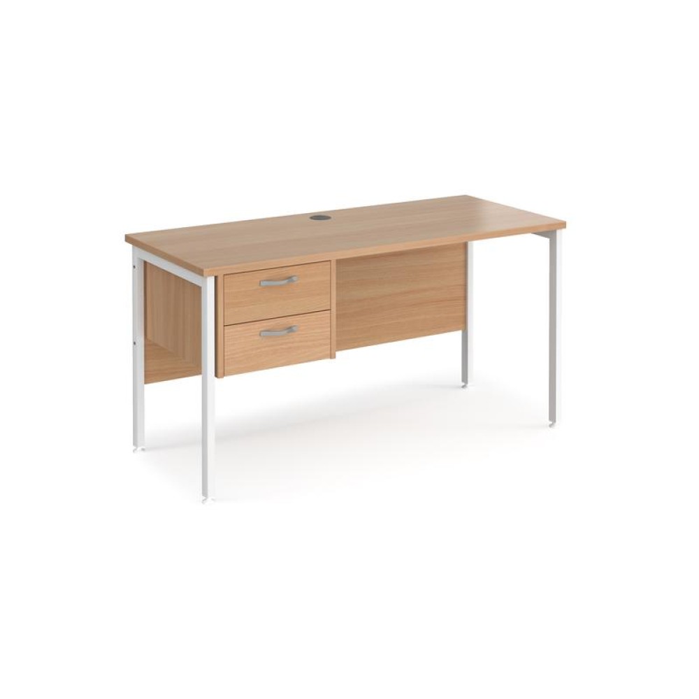 Maestro 25 straight desk 1400mm x 600mm with 2 drawer pedestal - white H-frame leg, beech top