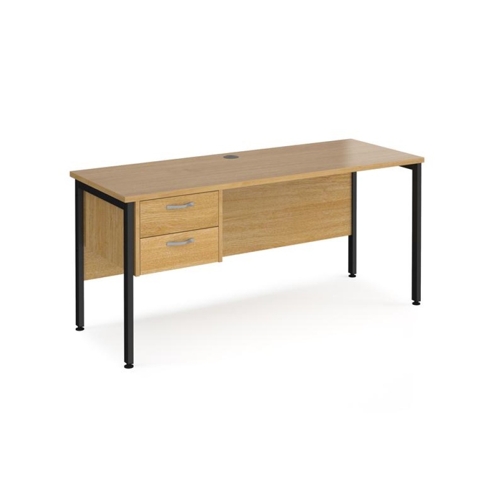 Maestro 25 straight desk 1600mm x 600mm with 2 drawer pedestal - black H-frame leg, oak top