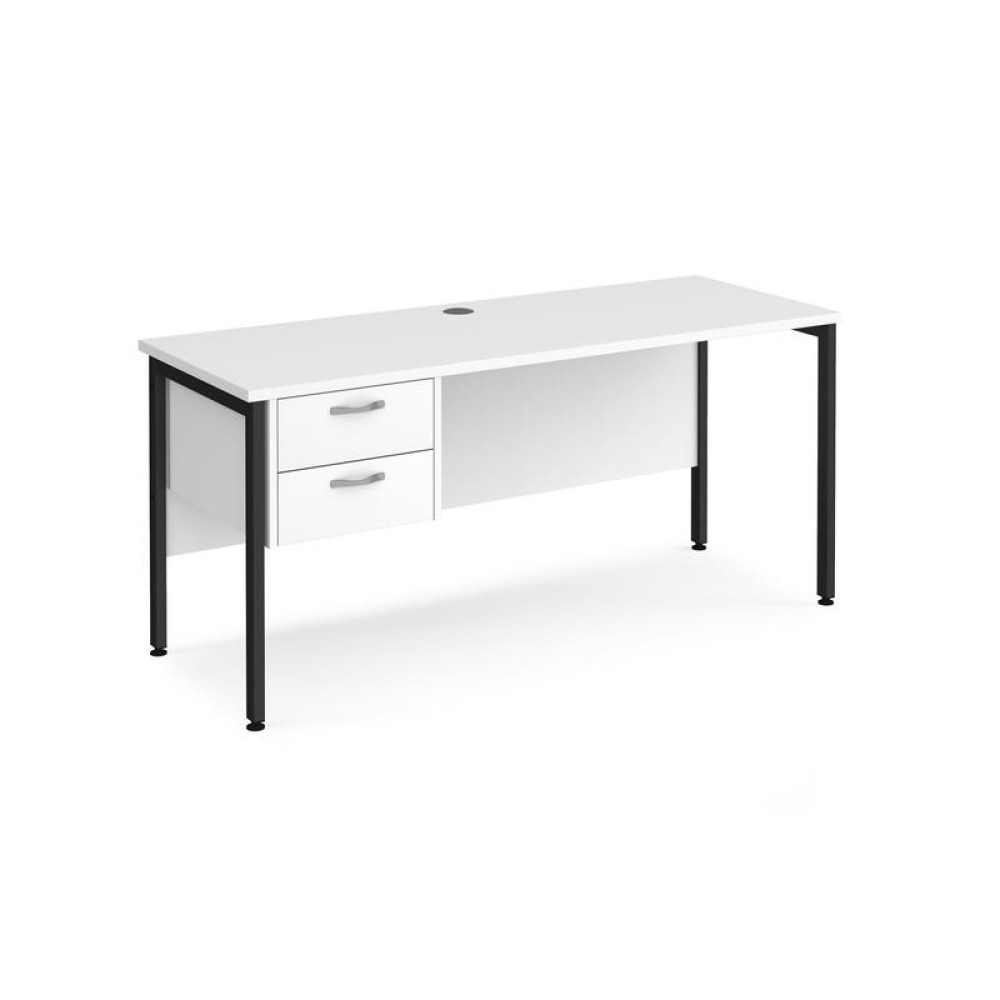 Maestro 25 straight desk 1600mm x 600mm with 2 drawer pedestal - black H-frame leg, white top