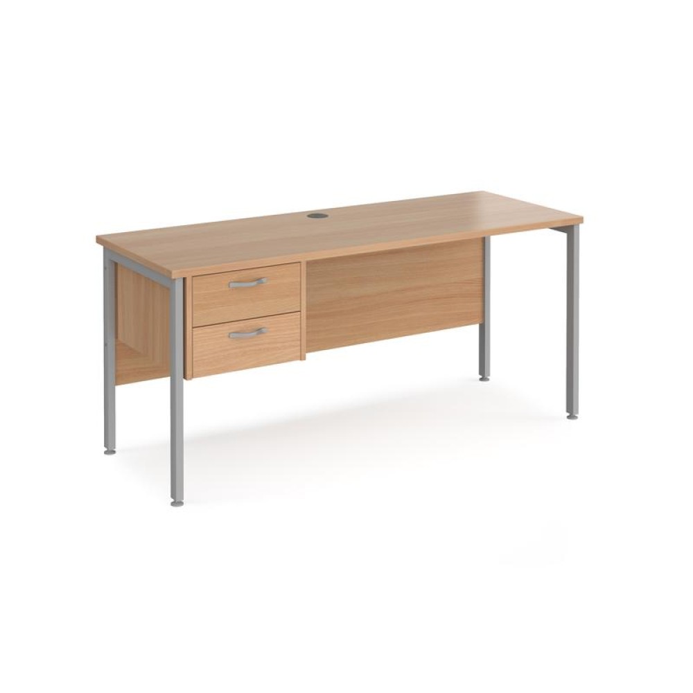 Maestro 25 straight desk 1600mm x 600mm with 2 drawer pedestal - silver H-frame leg, beech top