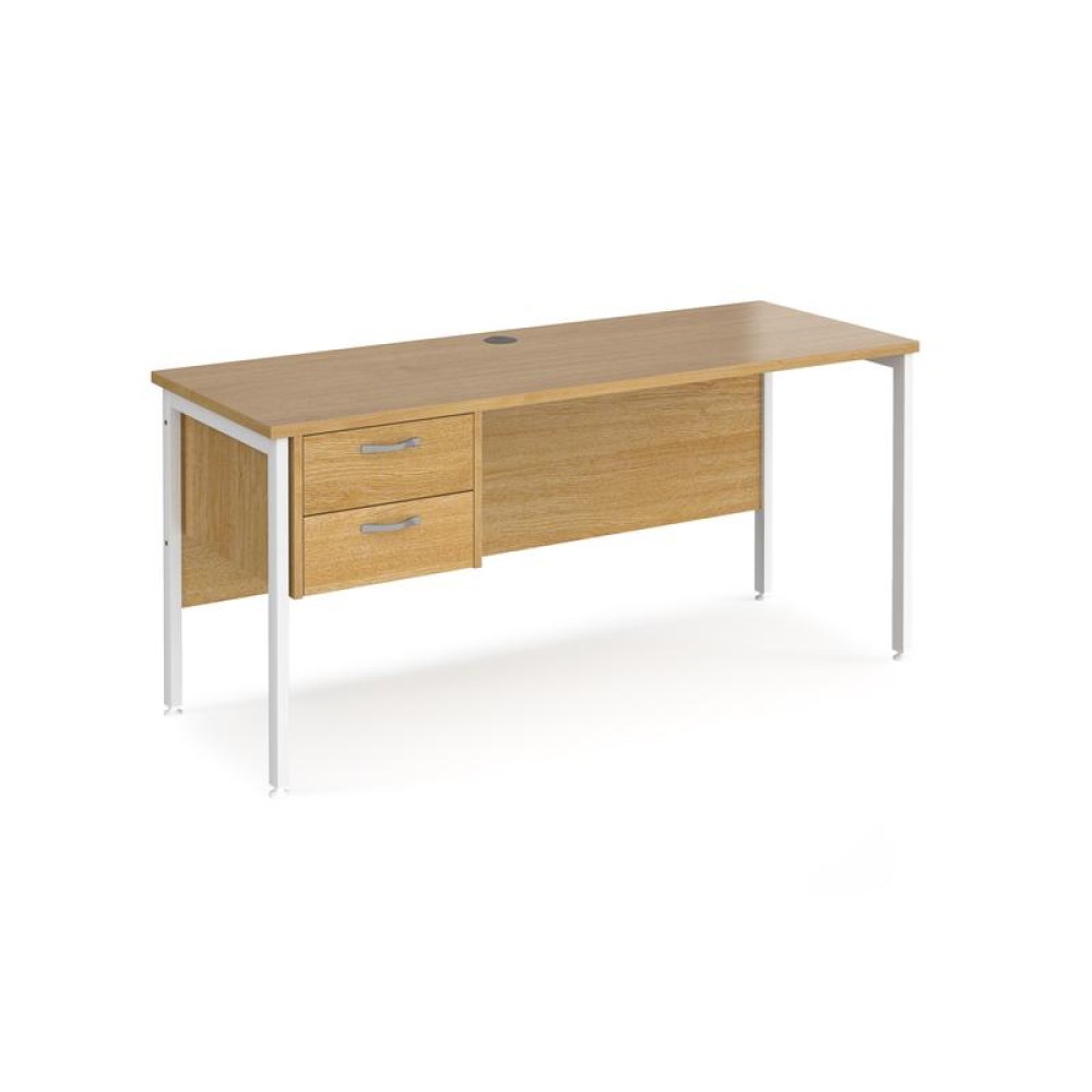 Maestro 25 straight desk 1600mm x 600mm with 2 drawer pedestal - white H-frame leg, oak top