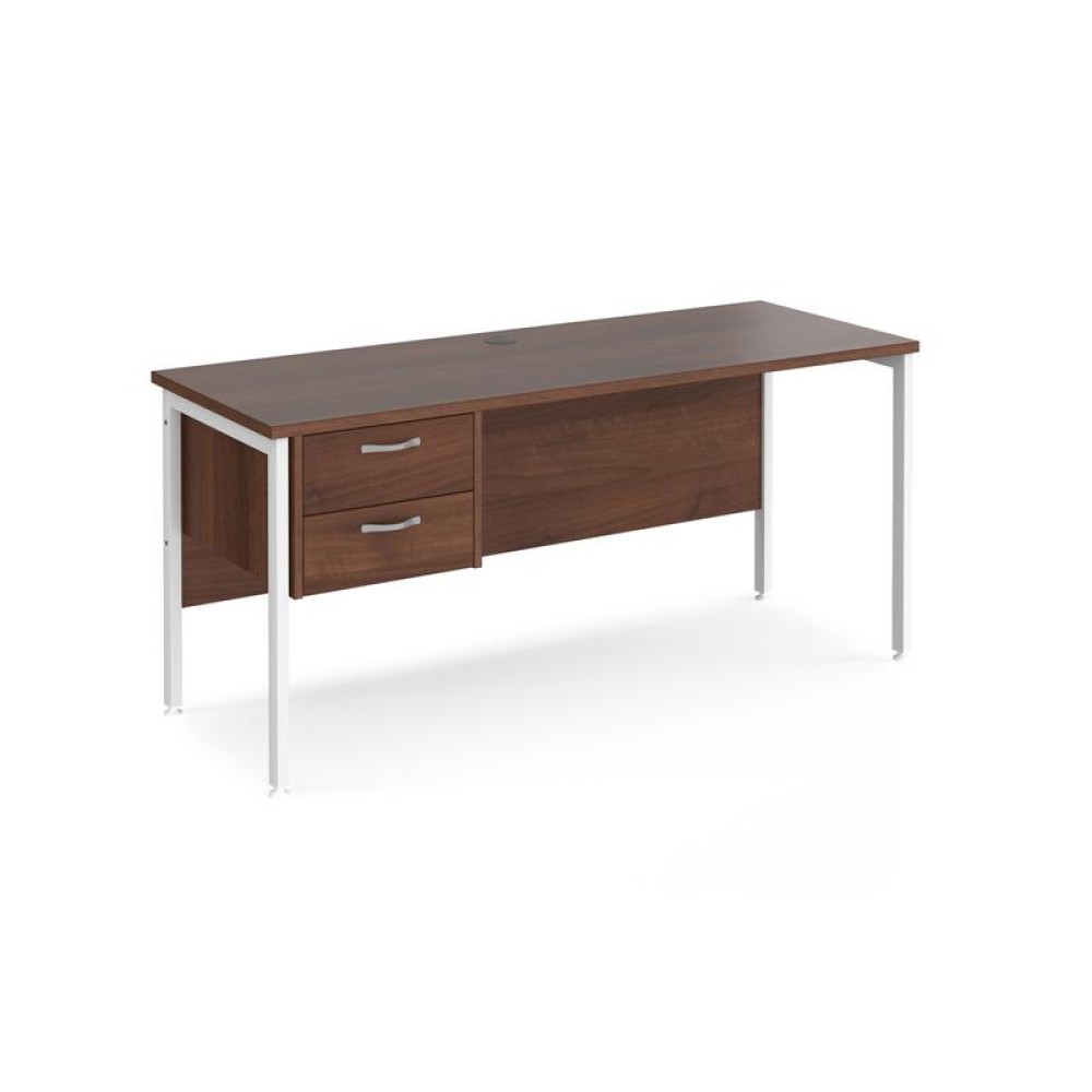 Maestro 25 straight desk 1600mm x 600mm with 2 drawer pedestal - white H-frame leg, walnut top