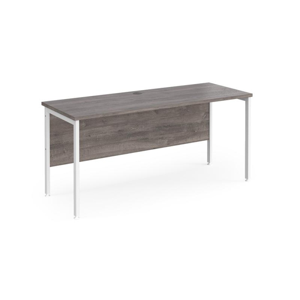 Maestro 25 straight desk 1600mm x 600mm - white H-frame leg, grey oak top