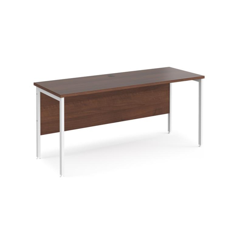 Maestro 25 straight desk 1600mm x 600mm - white H-frame leg, walnut top