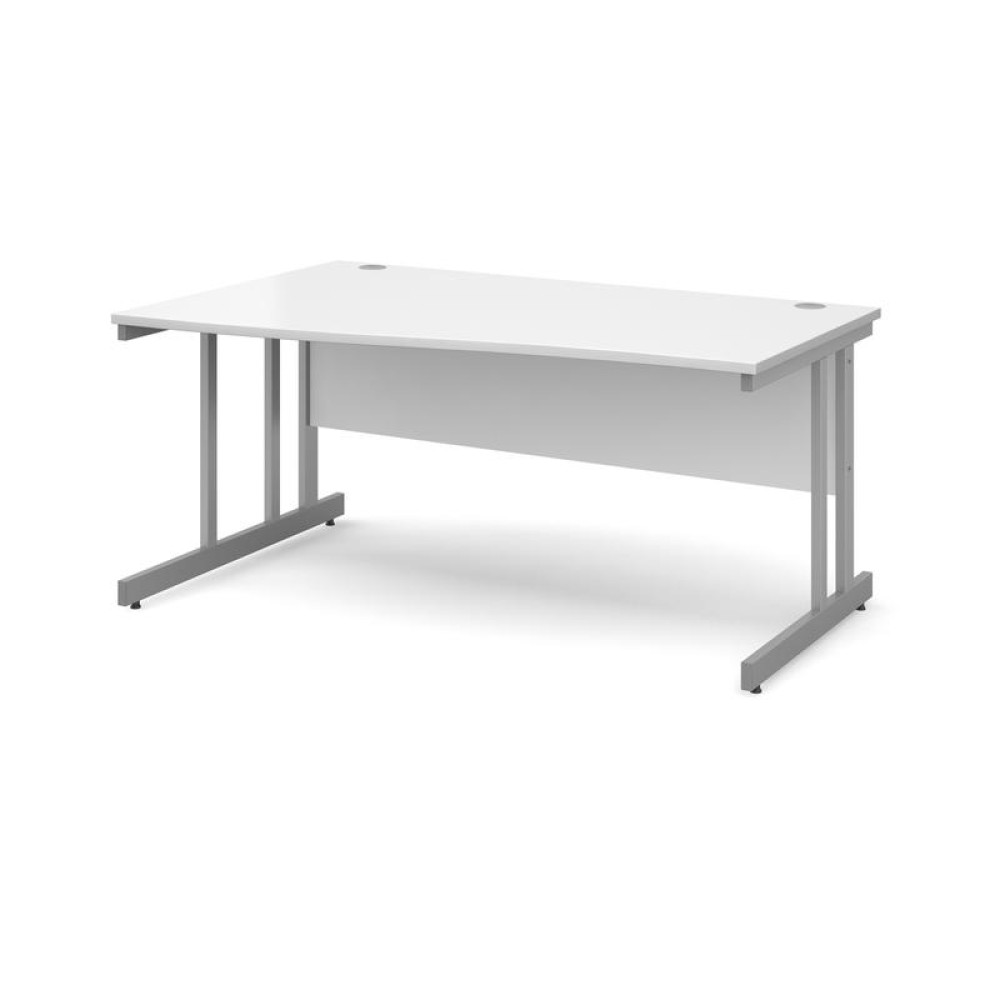 Momento left hand wave desk 1600mm - silver cantilever frame, white top