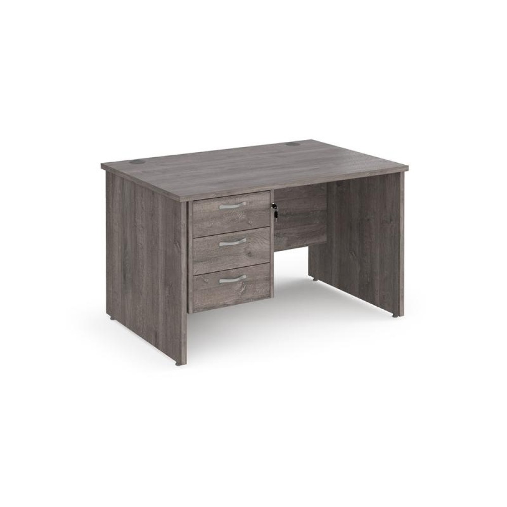 Maestro 25 straight desk 1200mm x 800mm with 3 drawer pedestal - grey oak top with panel end leg