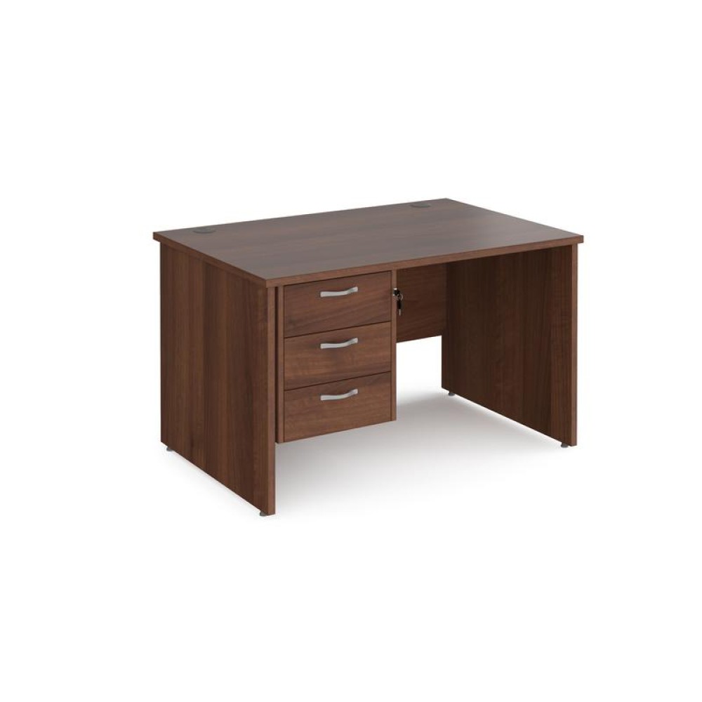 Maestro 25 straight desk 1200mm x 800mm with 3 drawer pedestal - walnut top with panel end leg