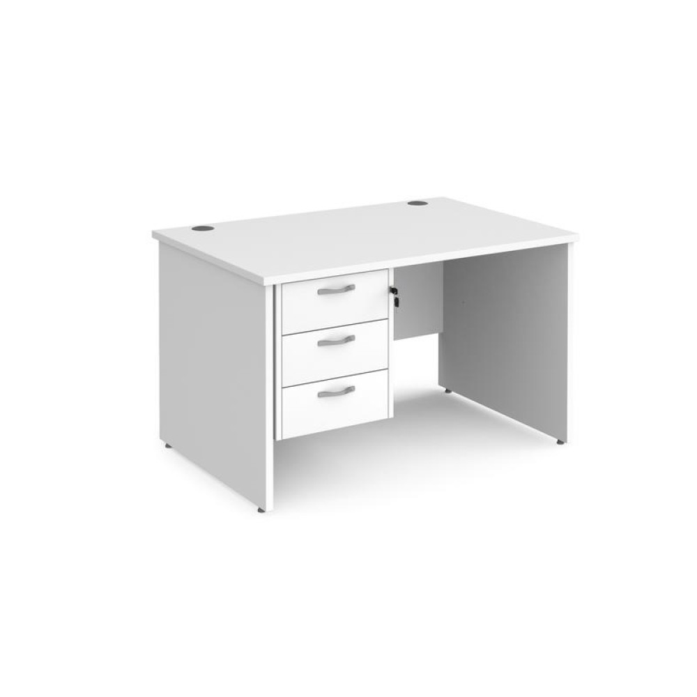Maestro 25 straight desk 1200mm x 800mm with 3 drawer pedestal - white top with panel end leg