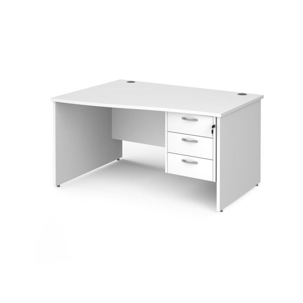 Maestro 25 left hand wave desk 1400mm wide with 3 drawer pedestal - white top with panel end leg