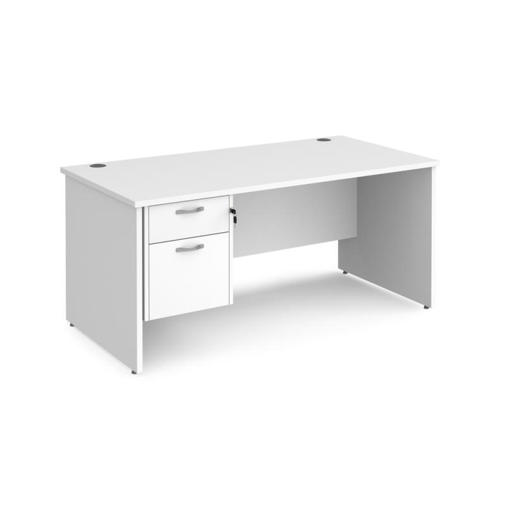 Maestro 25 straight desk 1600mm x 800mm with 2 drawer pedestal - white top with panel end leg