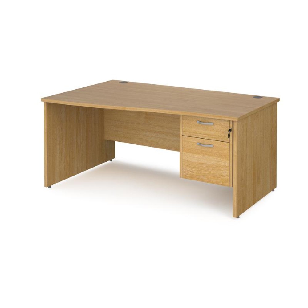 Maestro 25 left hand wave desk 1600mm wide with 2 drawer pedestal - oak top with panel end leg