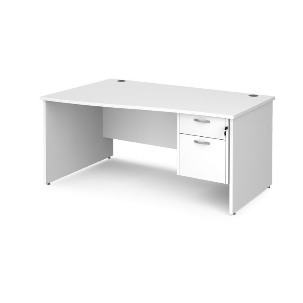 Maestro 25 left hand wave desk 1600mm wide with 2 drawer pedestal - white top with panel end leg
