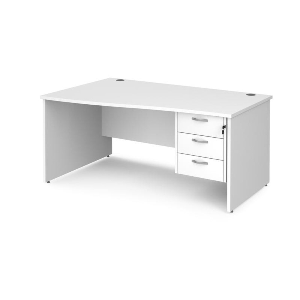 Maestro 25 left hand wave desk 1600mm wide with 3 drawer pedestal - white top with panel end leg