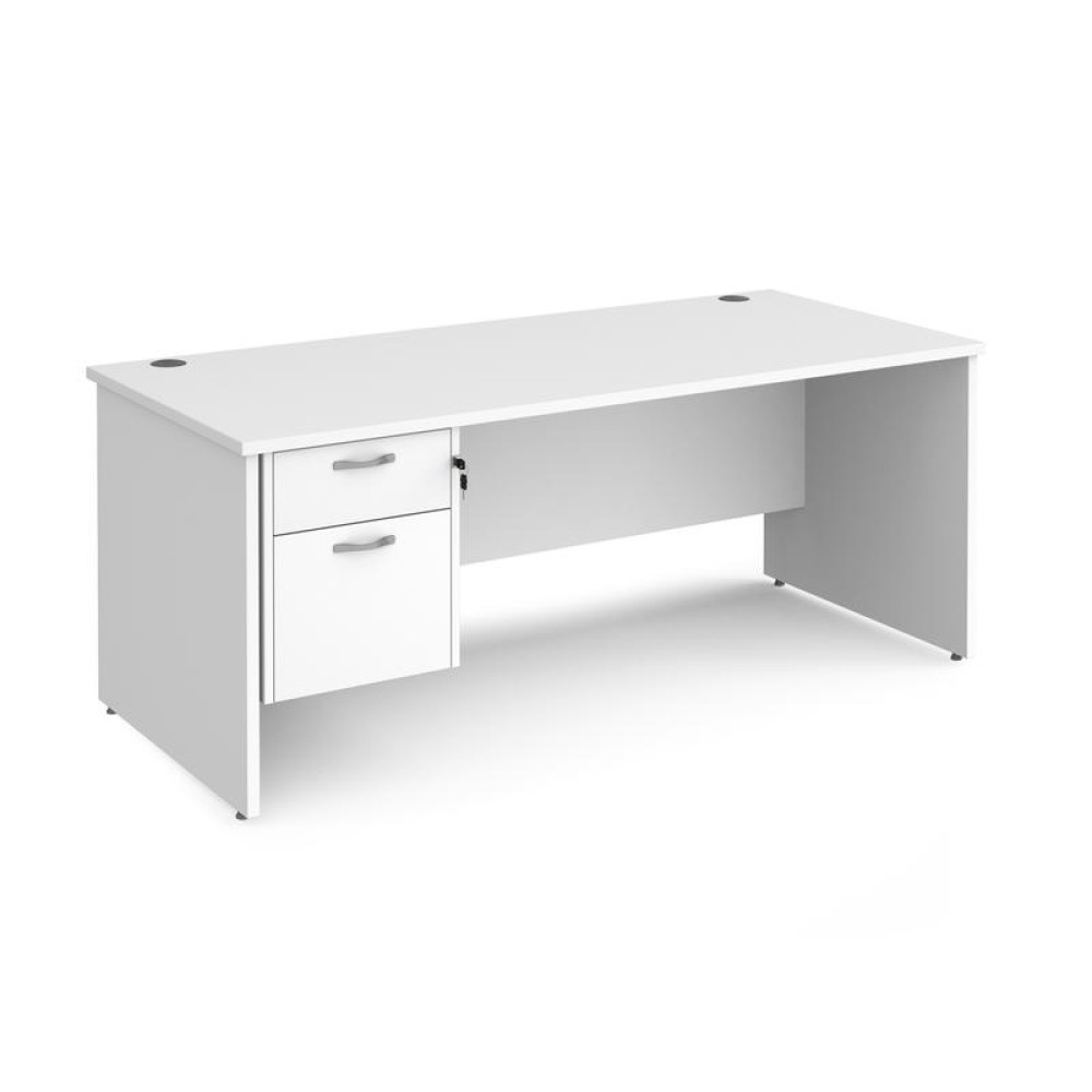 Maestro 25 straight desk 1800mm x 800mm with 2 drawer pedestal - white top with panel end leg
