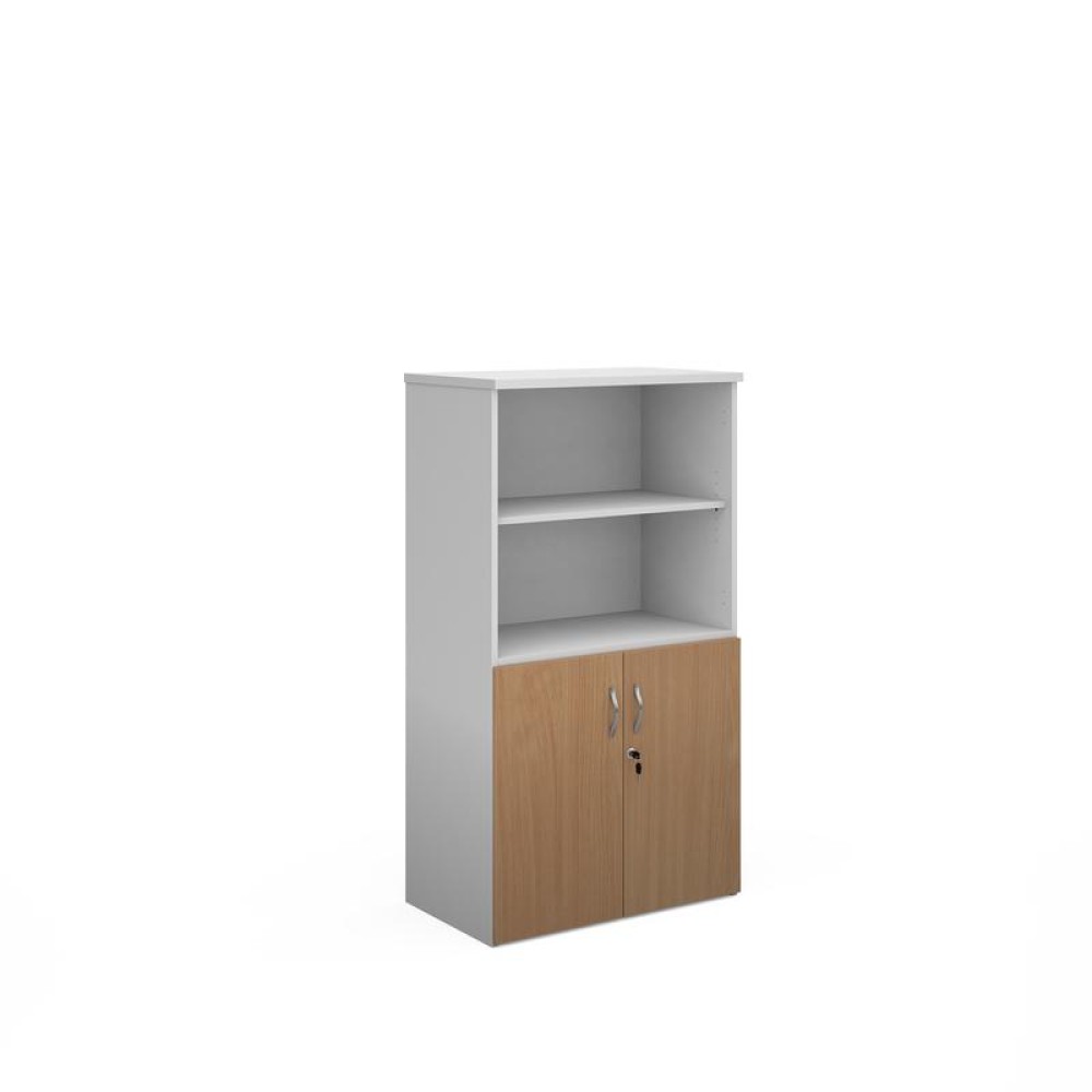 Duo combination unit with open top 1440mm high with 3 shelves - white with beech lower doors