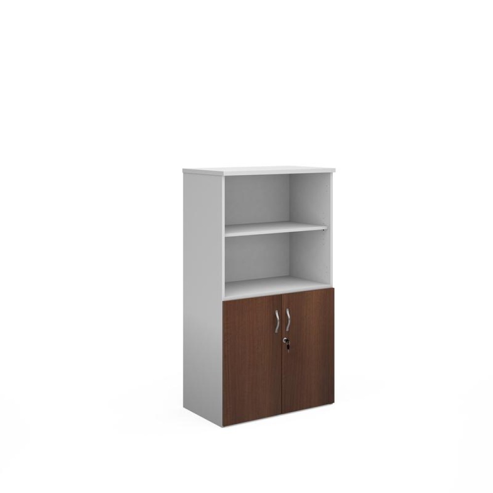 Duo combination unit with open top 1440mm high with 3 shelves - white with walnut lower doors