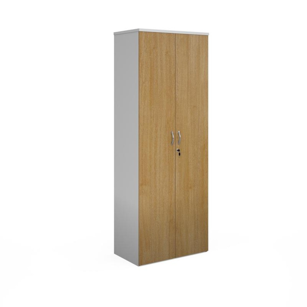 Duo double door cupboard 2140mm high with 5 shelves - white with oak doors
