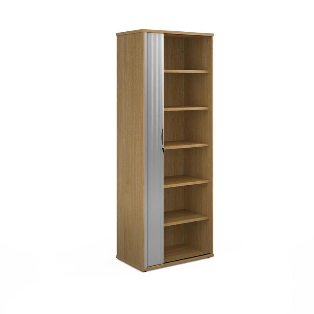 Universal single door tambour cupboard 2140mm high with 5 shelves - oak with silver door