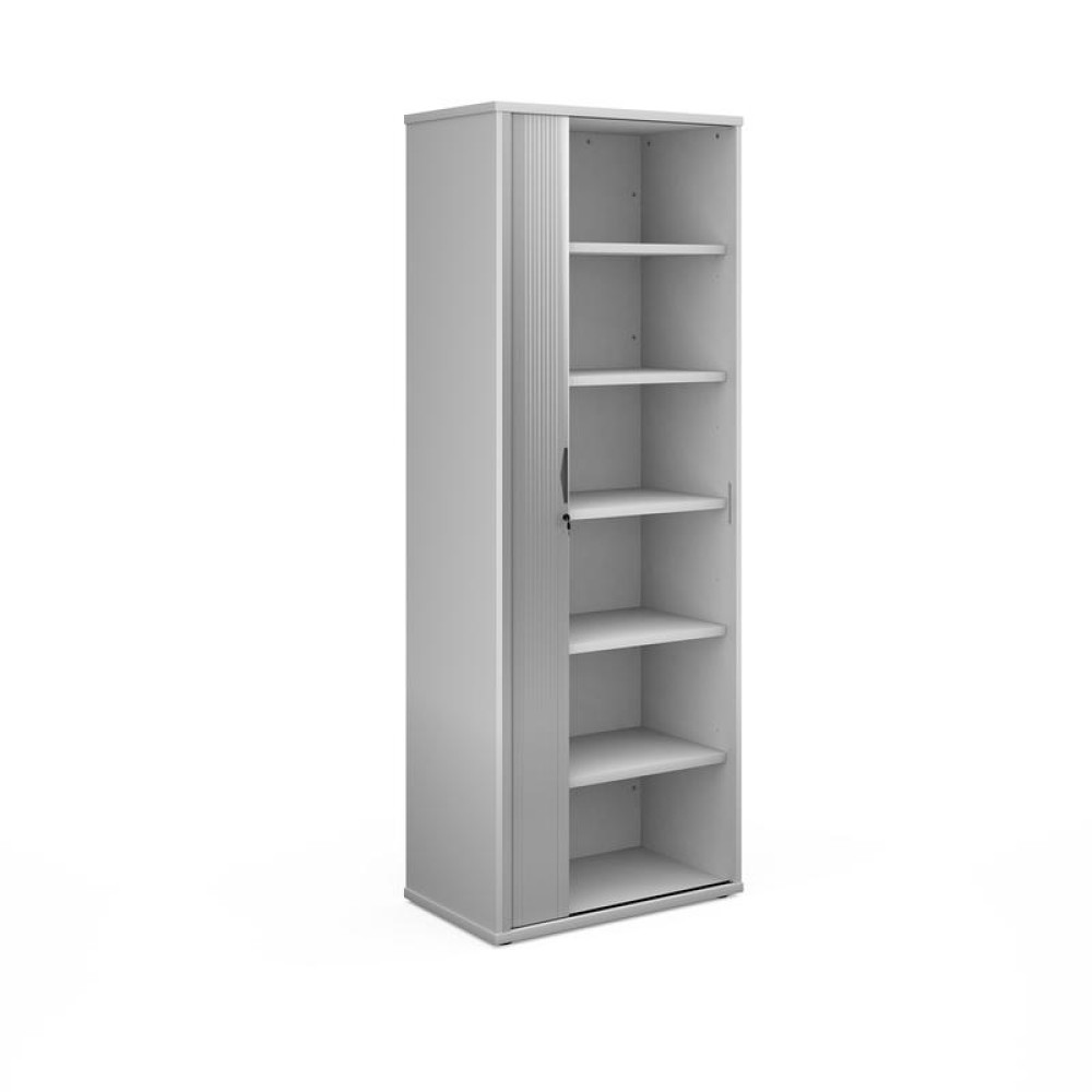 Universal single door tambour cupboard 2140mm high with 5 shelves - white with silver door