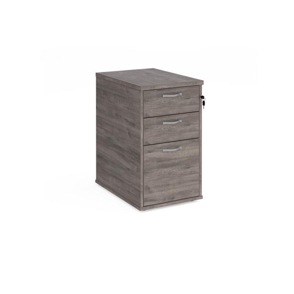 Desk high 3 drawer pedestal with silver handles 600mm deep - grey oak