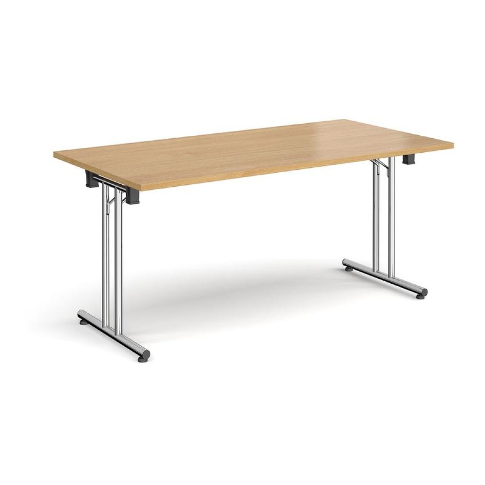 Rectangular folding leg table with chrome legs and straight foot rails 1600mm x 800mm - oak