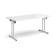 Rectangular folding leg table with silver legs and straight foot rails 1600mm x 800mm - white