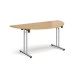 Semi circular folding leg table with chrome legs and straight foot rails 1600mm x 800mm - oak