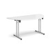 Semi circular folding leg table with chrome legs and straight foot rails 1600mm x 800mm - white