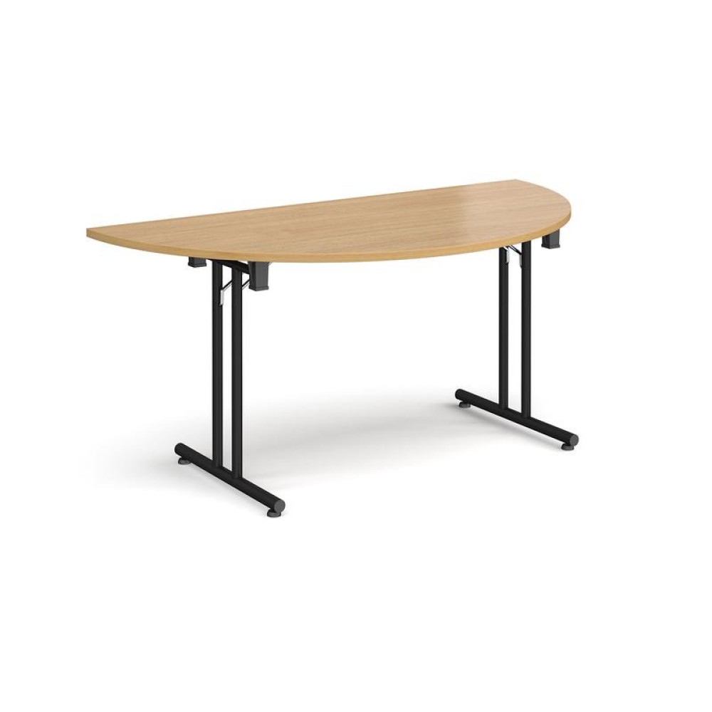 Semi circular folding leg table with black legs and straight foot rails 1600mm x 800mm - oak