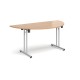 Semi circular folding leg table with silver legs and straight foot rails 1600mm x 800mm - beech