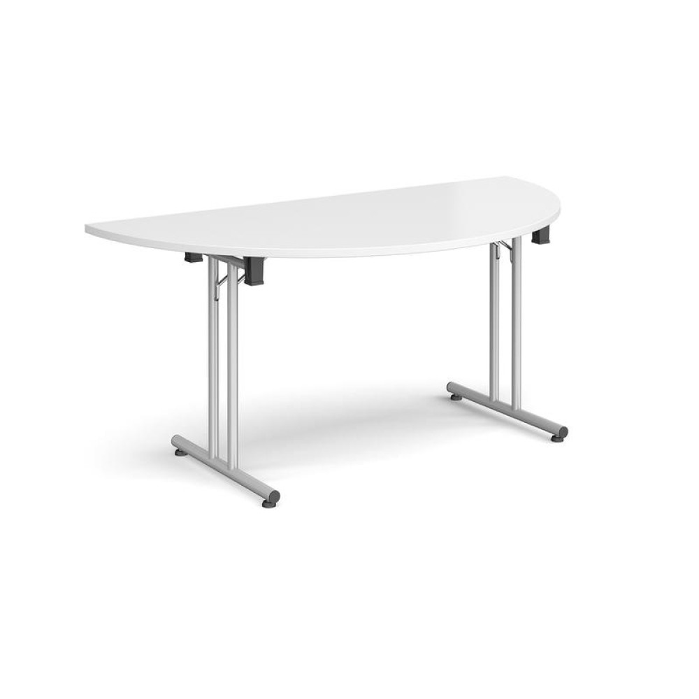 Semi circular folding leg table with silver legs and straight foot rails 1600mm x 800mm - white