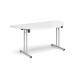 Semi circular folding leg table with silver legs and straight foot rails 1600mm x 800mm - white