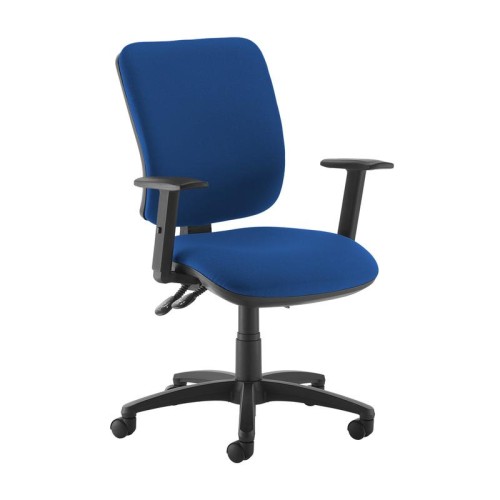Finish: Blue, Arms: Height Adjustable Arms, Base Type: Black 5 Star, Back Style: Fabric