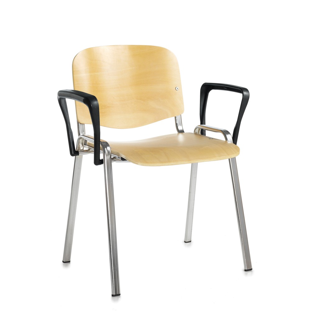 Taurus wooden meeting room stackable chair with fixed arms - beech with chrome frame