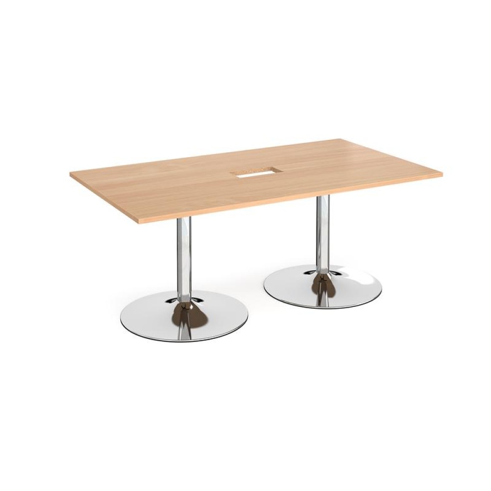 Trumpet base rectangular boardroom table 1800mm x 1000mm with central cutout 272mm x 132mm - chrome base, beech top