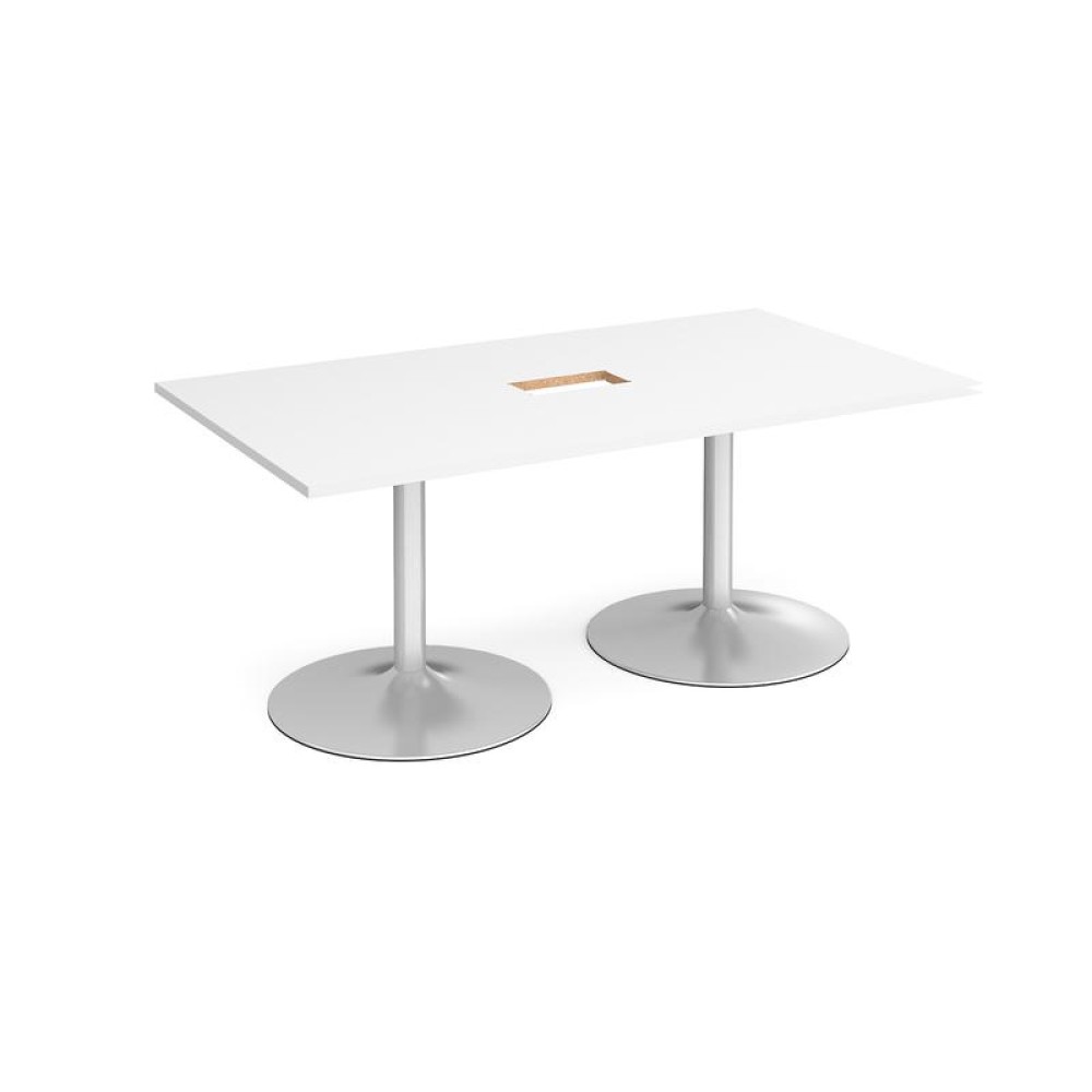 Trumpet base rectangular boardroom table 1800mm x 1000mm with central cutout 272mm x 132mm - silver base, white top