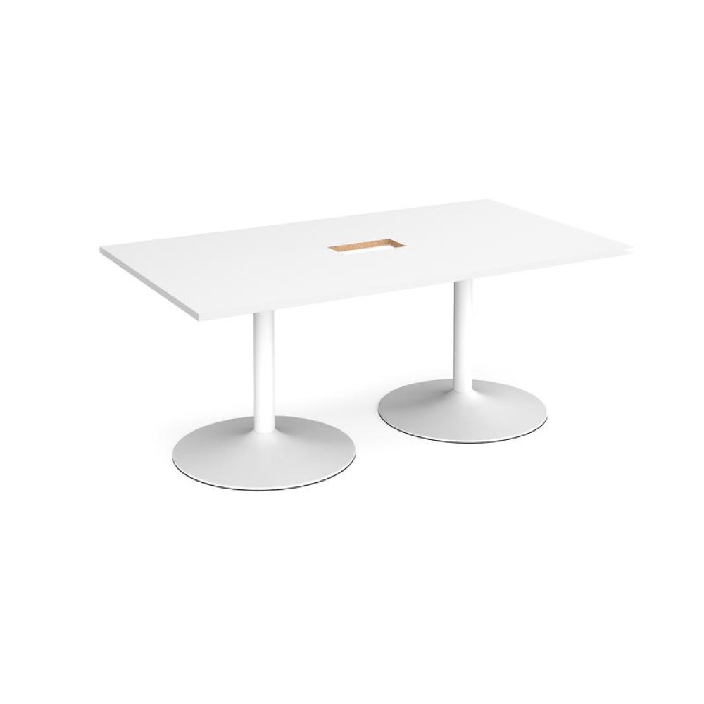 Trumpet base rectangular boardroom table 1800mm x 1000mm with central cutout 272mm x 132mm - white base, white top