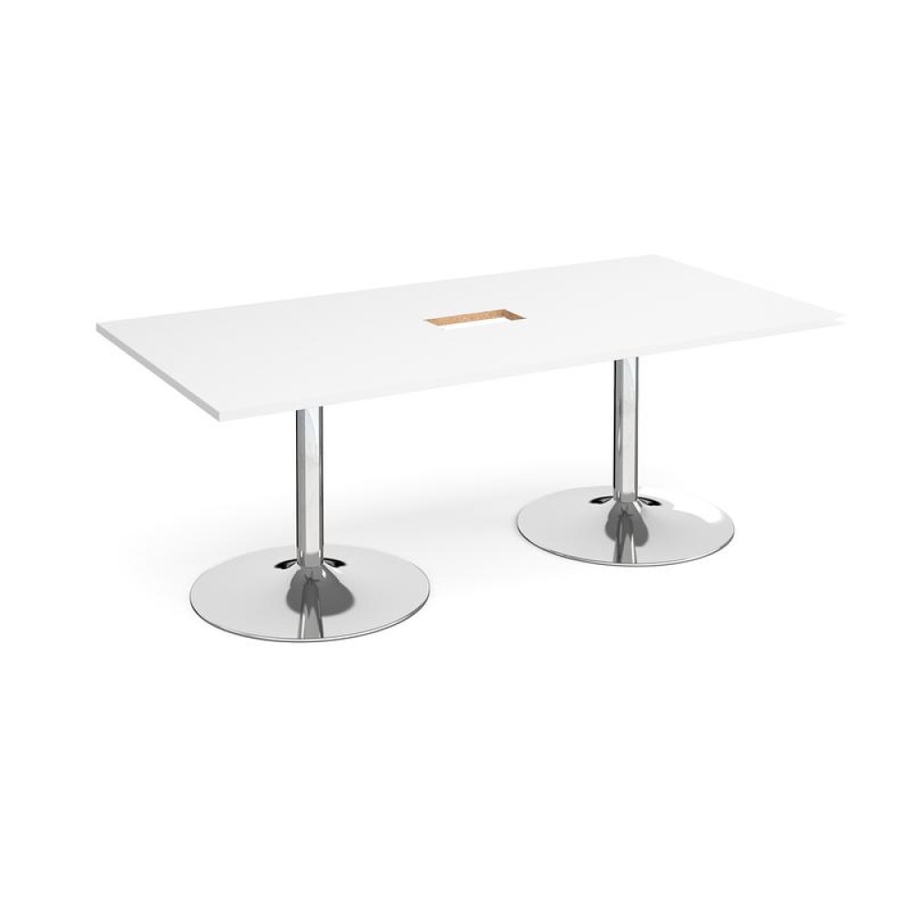 Trumpet base rectangular boardroom table 2000mm x 1000mm with central cutout 272mm x 132mm - chrome base, white top