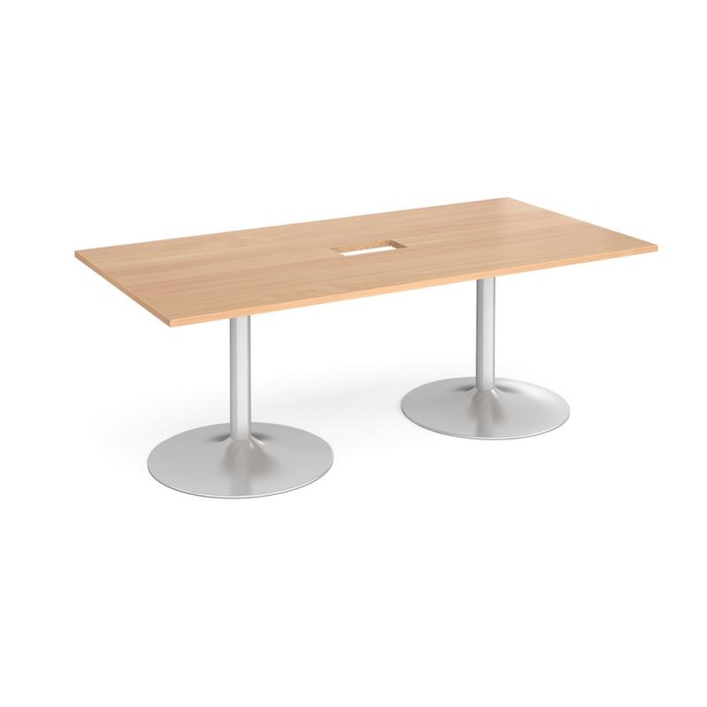 Trumpet base rectangular boardroom table 2000mm x 1000mm with central cutout 272mm x 132mm - silver base, beech top